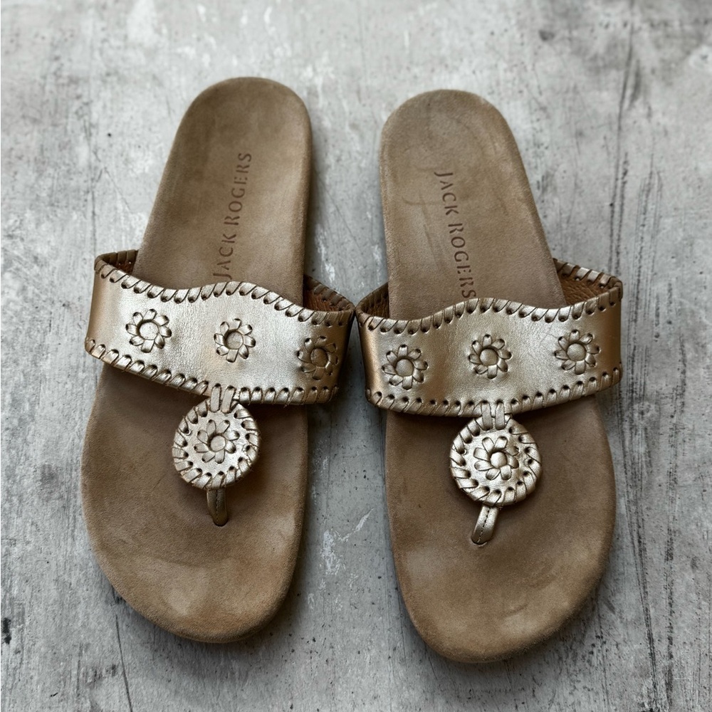 Jack Rogers Metallic Gold Floral-Stitched Leather Sandals